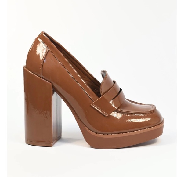 Tan Super Chunky Heel Penny Loafers - Picture 5 of 9